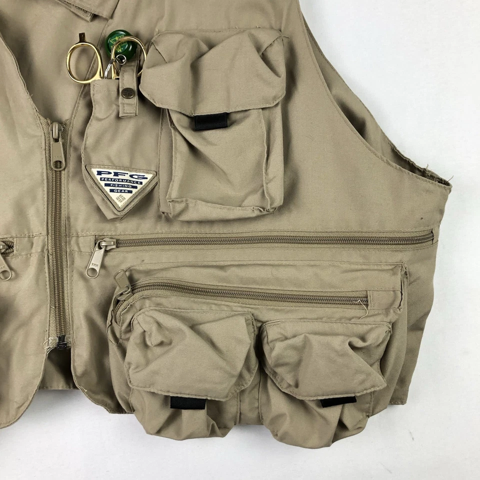 Columbia PFG 复古男式 XL 卡其色战术实用飞钓背心 Dr 光滑夹 — 第 2/4 张图片