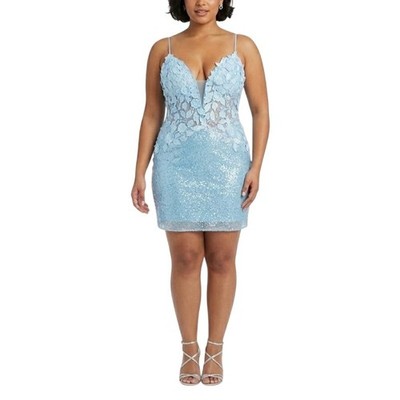 Jovani 07668 Blue Cocktail Dress Sequined Floral Lace Backless Mini Sheath 18