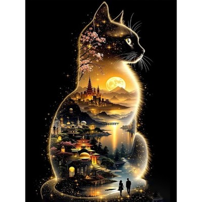 Cat Diamond Art Kits for Adults, 5D DIY Cat Landscape Diamond Painting for Adult