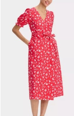 NWT Universal Thread Red Wrap Midi Dress Puff Short Sleeves Vneck Large