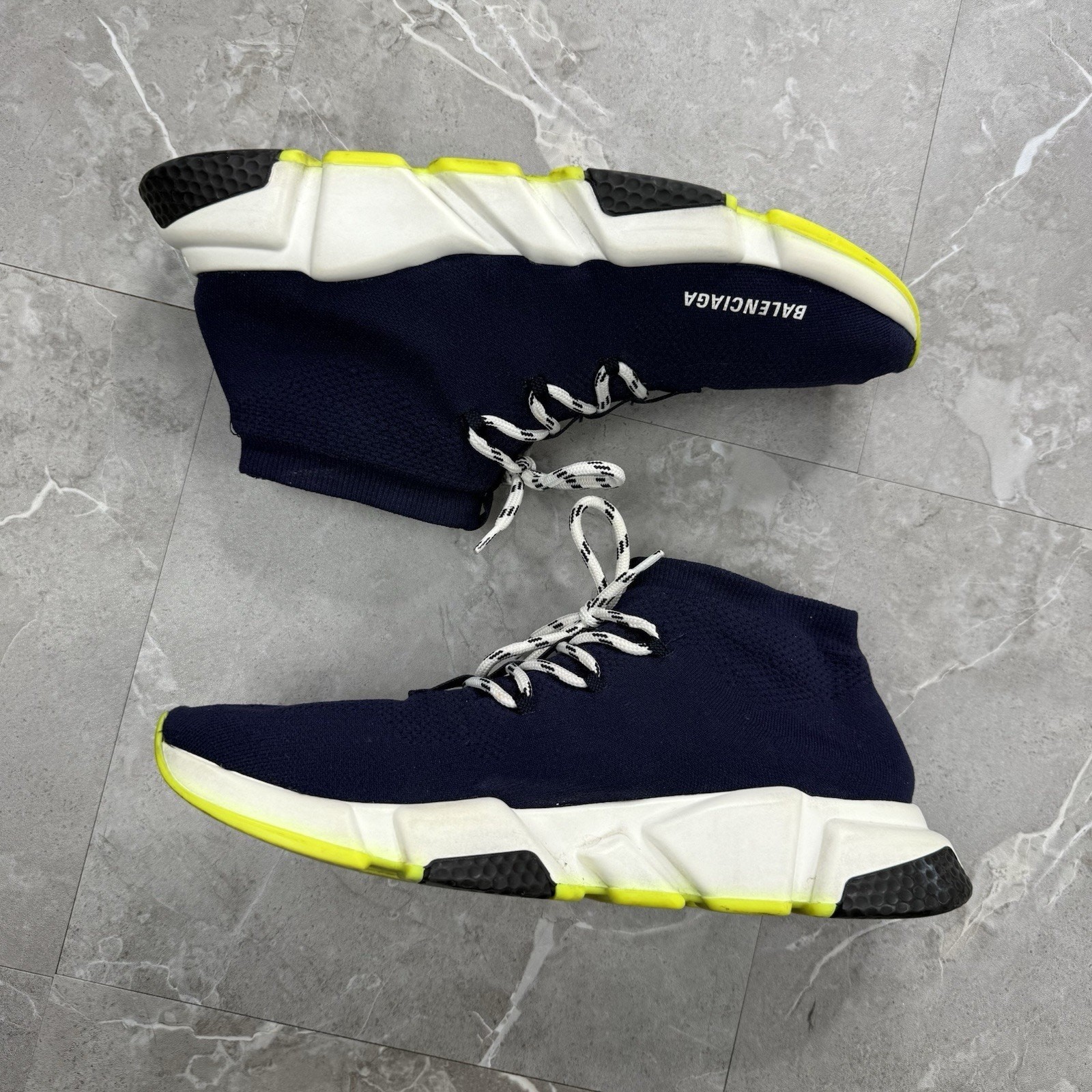 Balenciaga Speed Lace Up Navy White Neon Yellow Sneakers Men’s 13 thumbnail 4