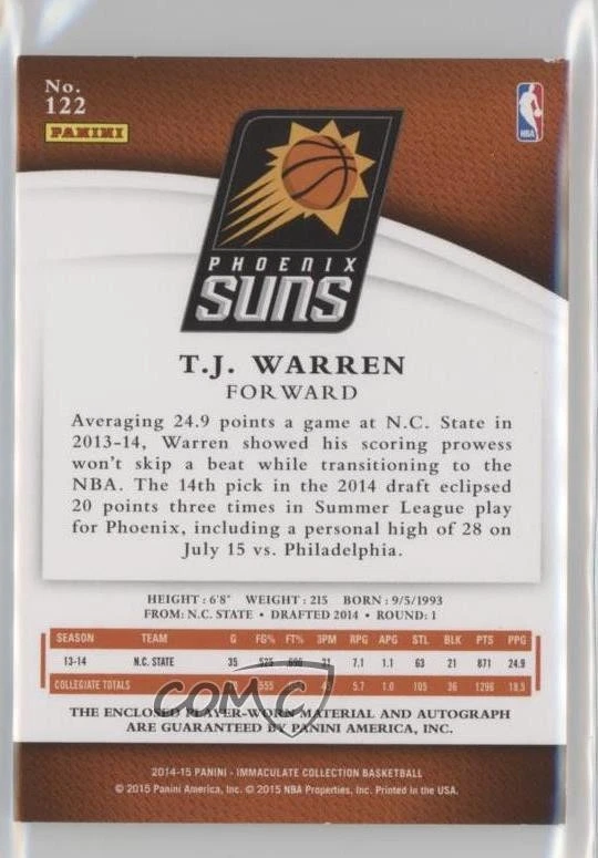 2014-15 Panini Immaculate /99 TJ Warren #122 Rookie Auto RC - Image 2 of 2