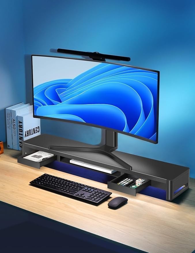 Supporto Monitor Scrivania con 2 Cassetti Organizer Rialzo PC Laptop Metallo foto 2