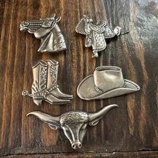 5 Vintage Western Theme Button Covers-Saddle,Boots,Hat,Horse,Steer Silver Tone