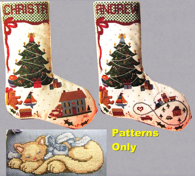 Christmas Tree Toys Stocking Design Sleeping Kitty Cat CROSS STITCH PATTERNS