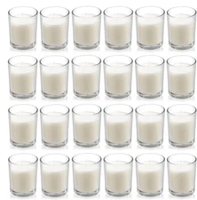 24 Pack Warm White Unscented Clear Glass Filled Votive Candles. Hand Poured Wax