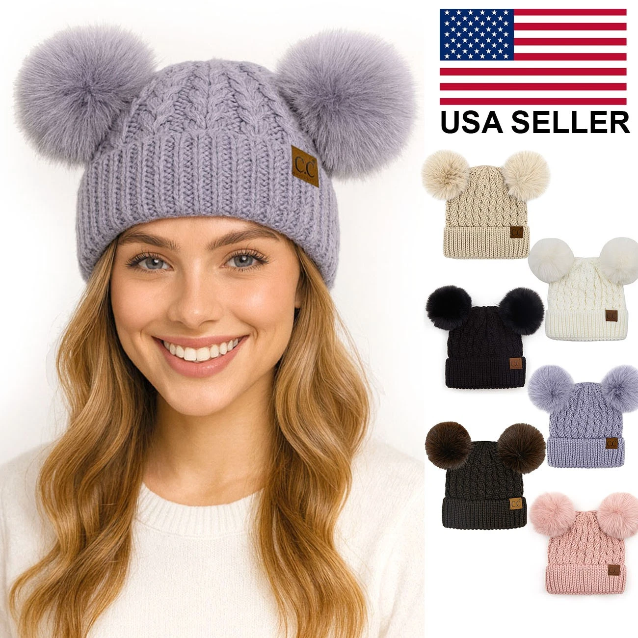 C.C Exclusive Double Pom Pom All Over Cable Ribbed Knit Winter Warm Beanie