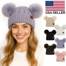 C.C Exclusive Double Pom Pom All Over Cable Ribbed Knit Winter Warm Beanie
