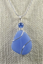 Sea glass OPAQUE SKY BLUE beach glass hand wire wrap Pendant 925 Necklace 20"