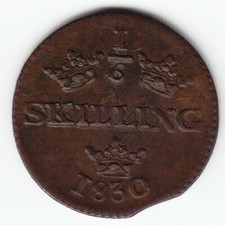 SWEDEN 1/6 skilling 1830 KM625 Cu Carl XIV 2-yr type Reeded HIGH GRADE - SCARCE!