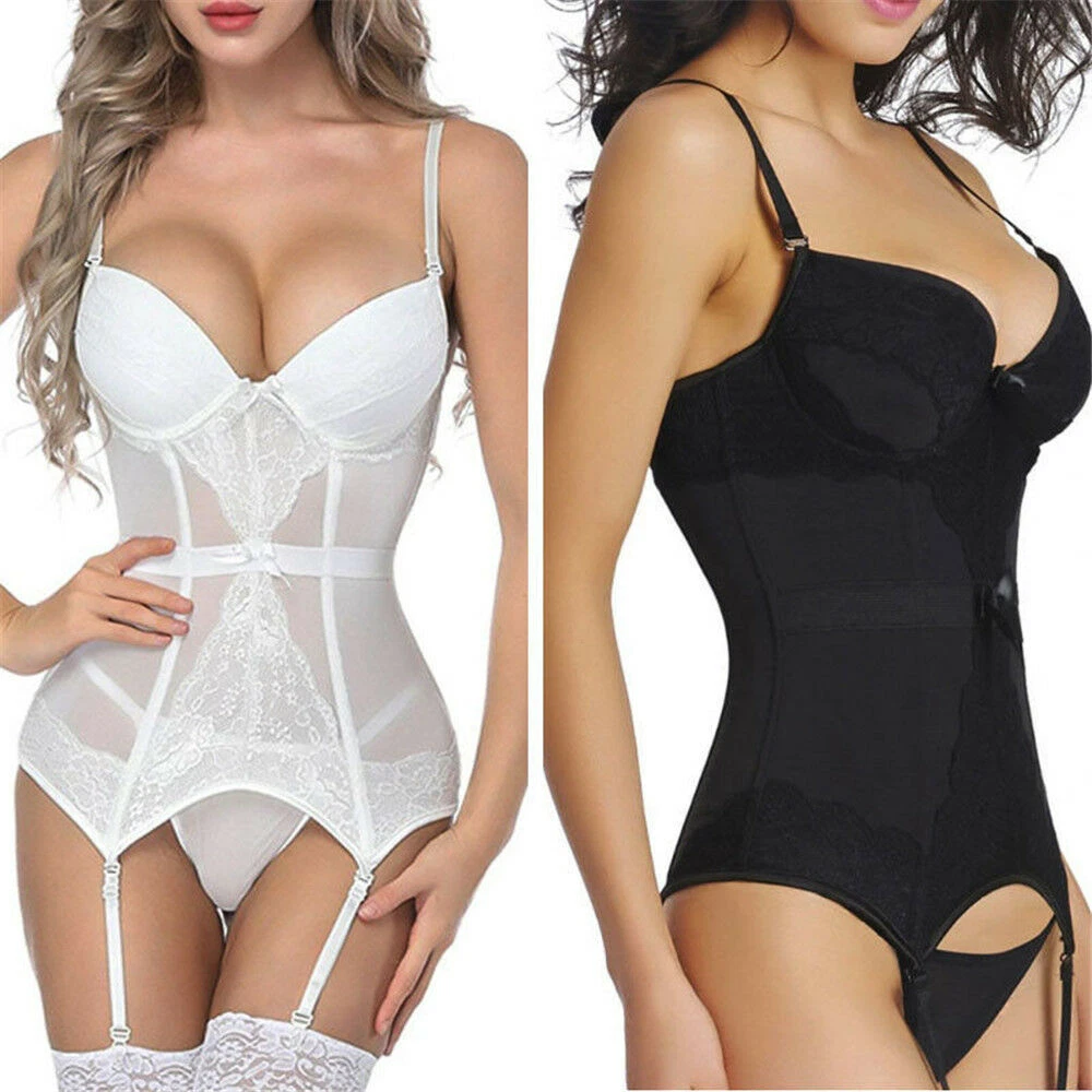 Sexy White Soft Basque Suspenders Corset Tops Garters Lingerie Underwear  Black