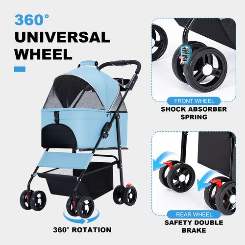 Foldable Pet Strollers 4 Wheels Carrier Cart w/Cup Holder for Cats & Dogs Blue - Picture 5 of 12