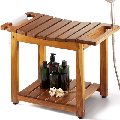 BLUEWEST Shower Bench Seat with Storage Shelf, Natural Wood Shower Benches fo...