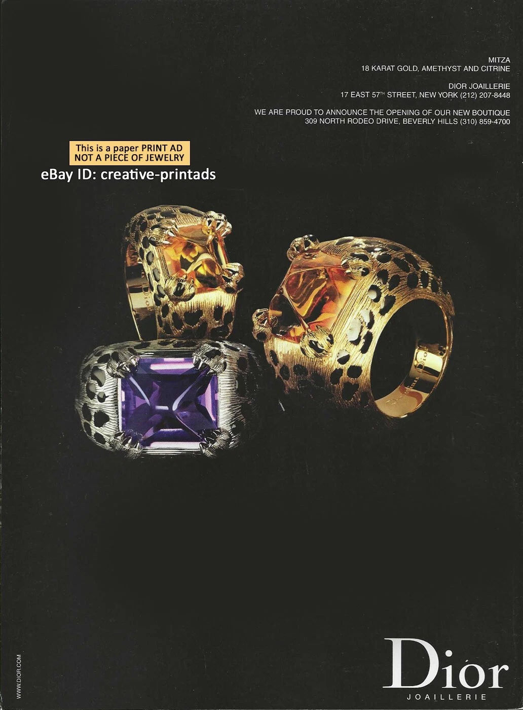 ancienne PUBLICITÉ IMPRIMÉE 1 PAGE DIOR fine jewelry 2002 citrine améthyste mitza