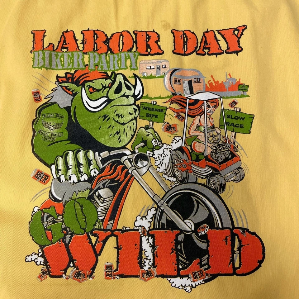Labor Day BIKER PARTY Wild Pig HOG BEER Yellow Motorcycle SLEEVELESS Denim Shirt - Image 2 of 4