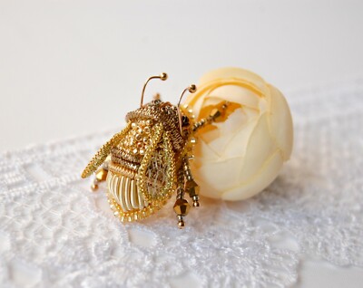 Little Gold bee pin embroidered brooch Insect jewelry Bumblebee Gift fHandmade