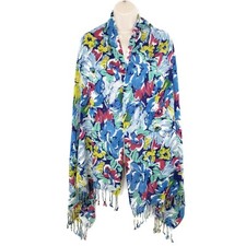 Large Bright Floral Scarf Fringe Shawl Wrap Painted Flowers Woven Textured Soft