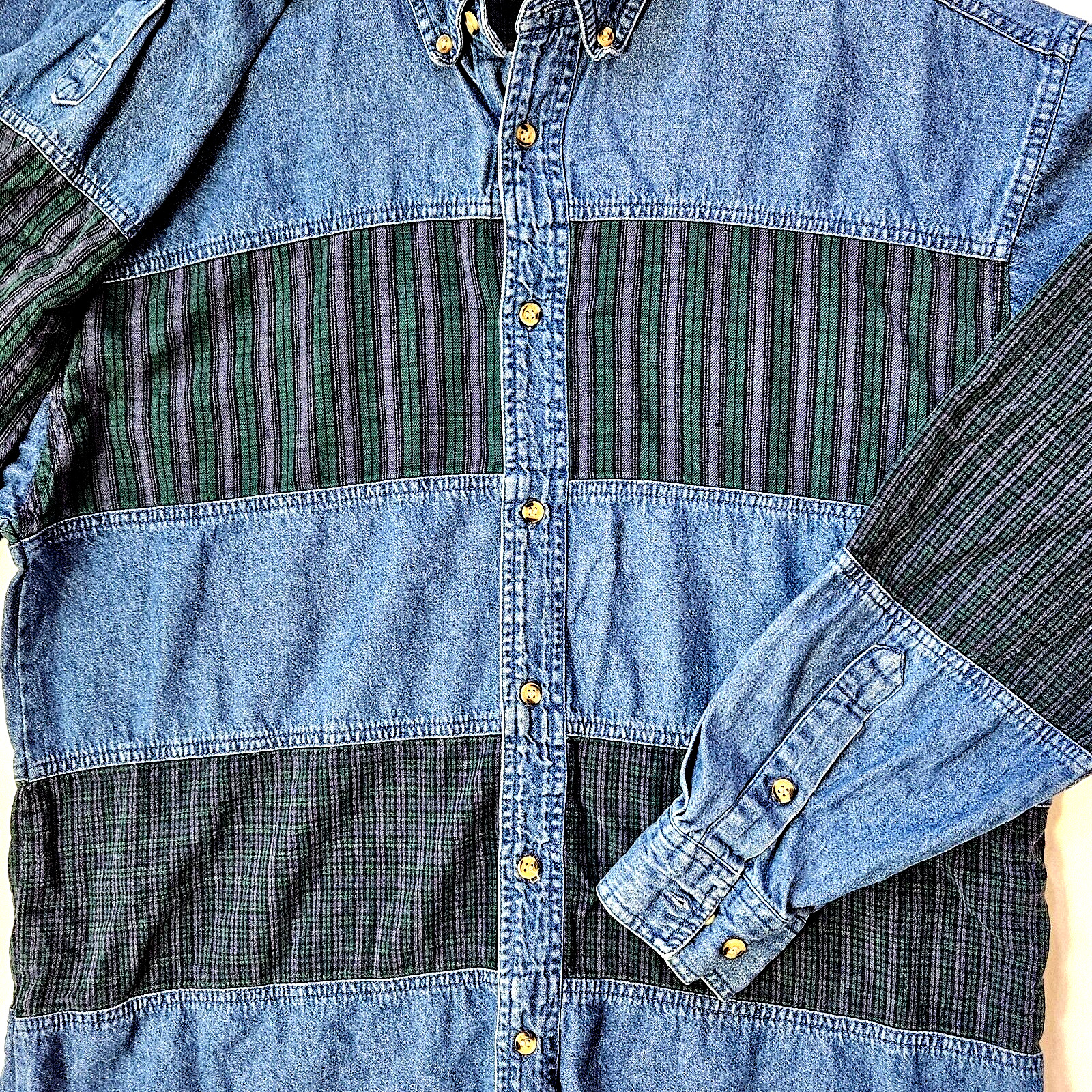 Box Office Denim & plaid patchwork button down SZ… - image 3