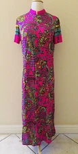 Vintage pink neon psychedelic floral 60s 70s maxi long Dress, Medium