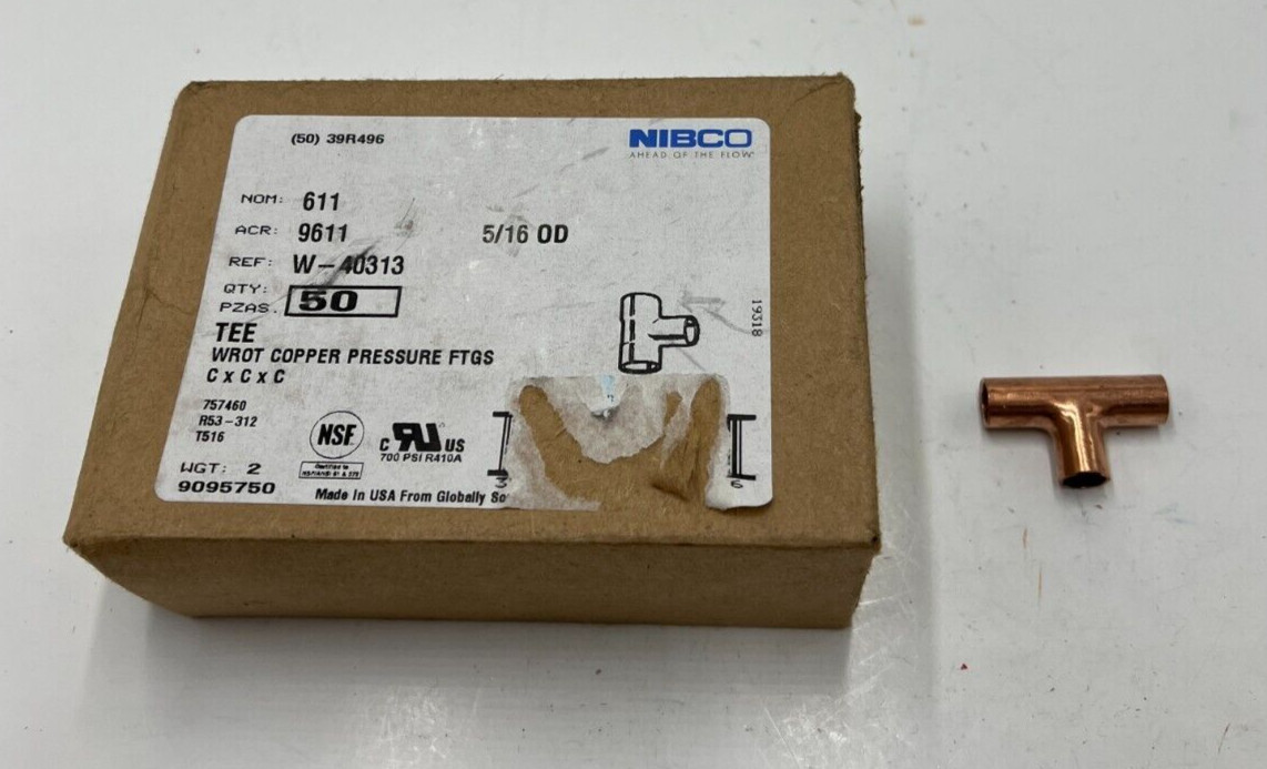 (QTY 50) Nibco 611 Tee Wrot Copper 5/16 Tube CxCxC W-40313