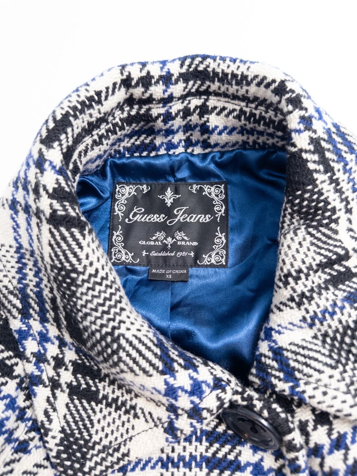 Abrigo Guess Jeans Mujer XS Cuadros Negro Blanco Abotonado Chaquetón Lana Poliéster Foto 2 de 4