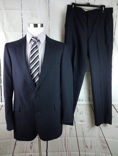 Hardy Amies 42L 2 Button Dark Blue Pinstripe 2pc Suit 33x32 Flat Front