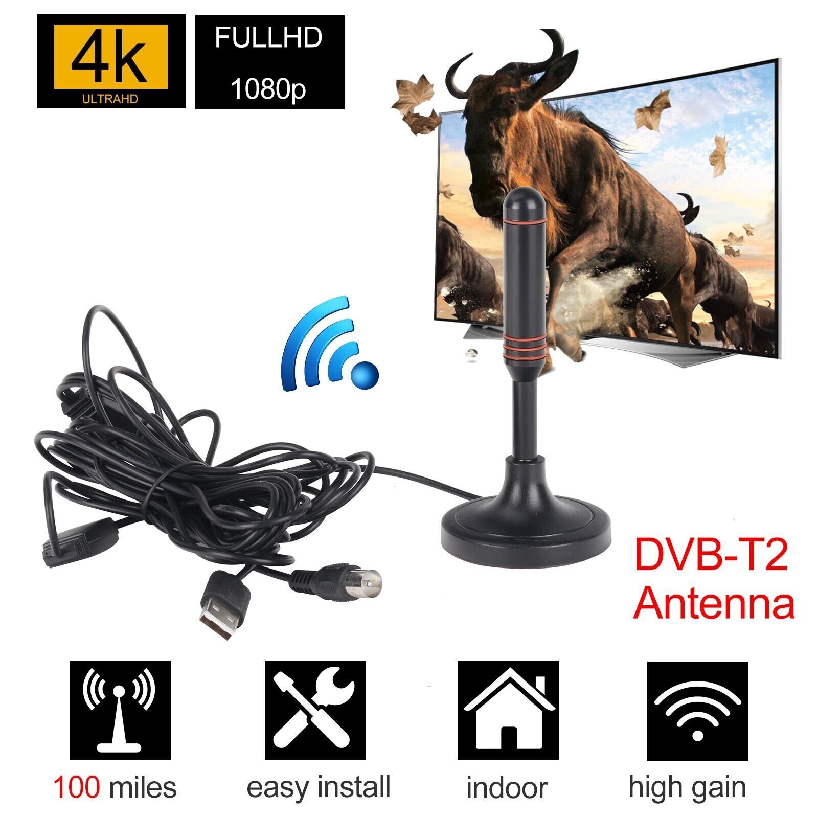 DVB-T2 Antenne FULL HD TV terrestrisch Aktiv DAB Zimmerantenne 30dbi + 5M Kabel
