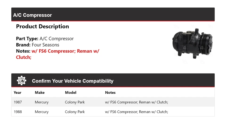 Compresor de aire acondicionado Mercury Colony Park 1987-1988 4 estaciones Foto 2 de 4