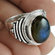 Labradorite Stone Solid Sterling Silver Anniversary Cocktail Bezel Ring Size 8