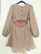 Lulus Dress M NWOT Floral Mini Long Sleeve Mauve Pink Cottagecore Boho Open Back