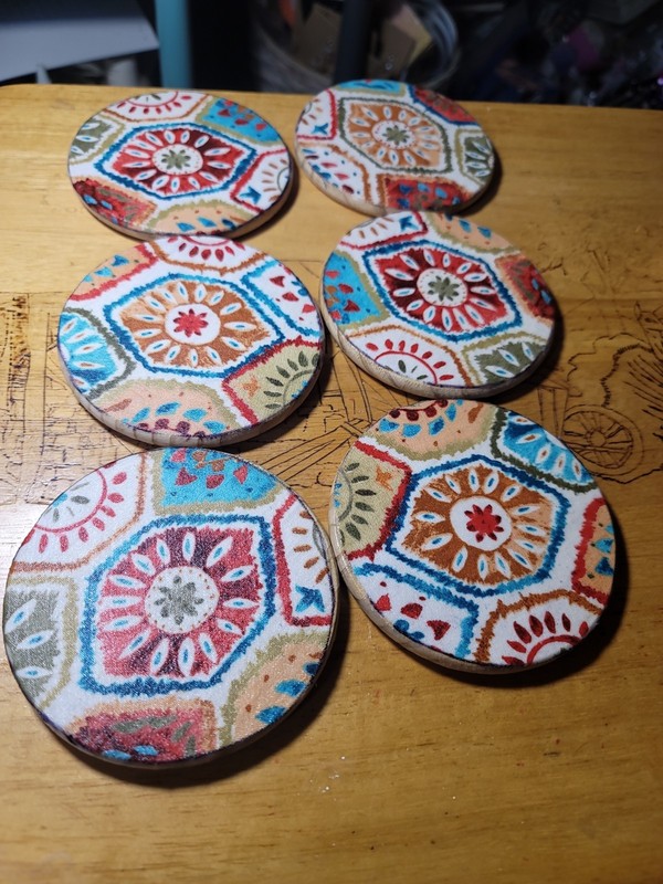 Coasters Set Of 6 Round Geometric Design  Wood Coasters