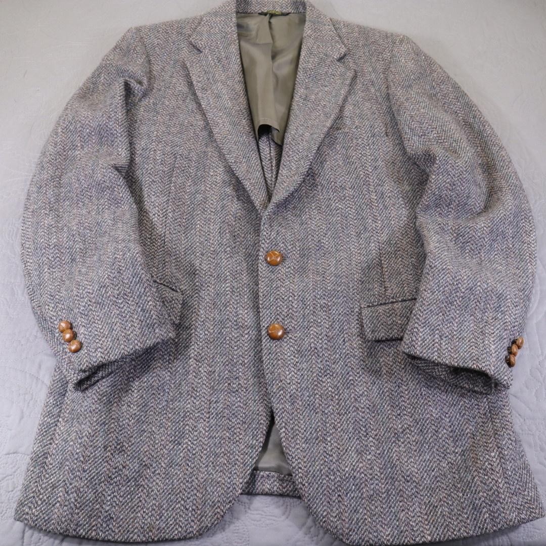Harris Tweed Blazer Sport Coat Mens 44 Gray Herringbone Wool Handwoven USA