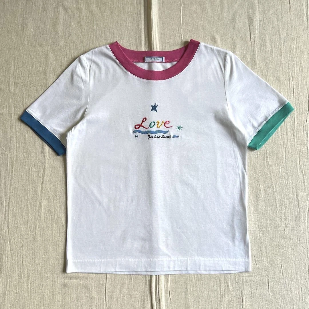 Authentic Yves Saint Laurent LOVE Logo Crazy Ringer T shirt Cotton Size M Women