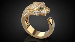 Authentic Panther Head Open Ring CZ & Emerald Eyes Gold Plated 925 Silver Designer Ring