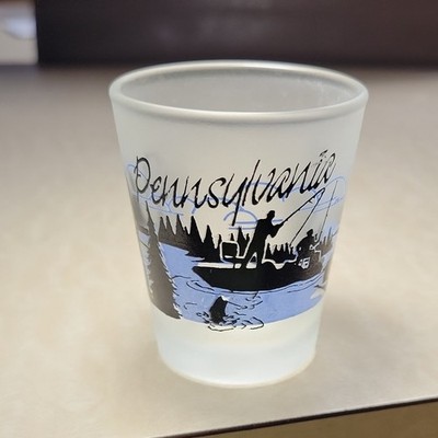 Pennsylvania Frosted Shot Glass Clear Glass Blue Decorated Deer Fishing Scene