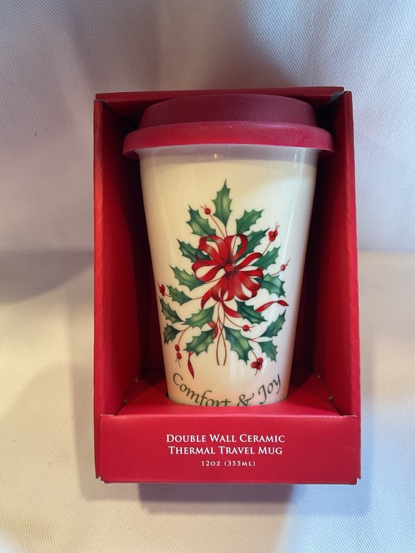 Lenox Holiday Confirm & Joy Thermal Travel Mug Ceramic Double Wall Christmas