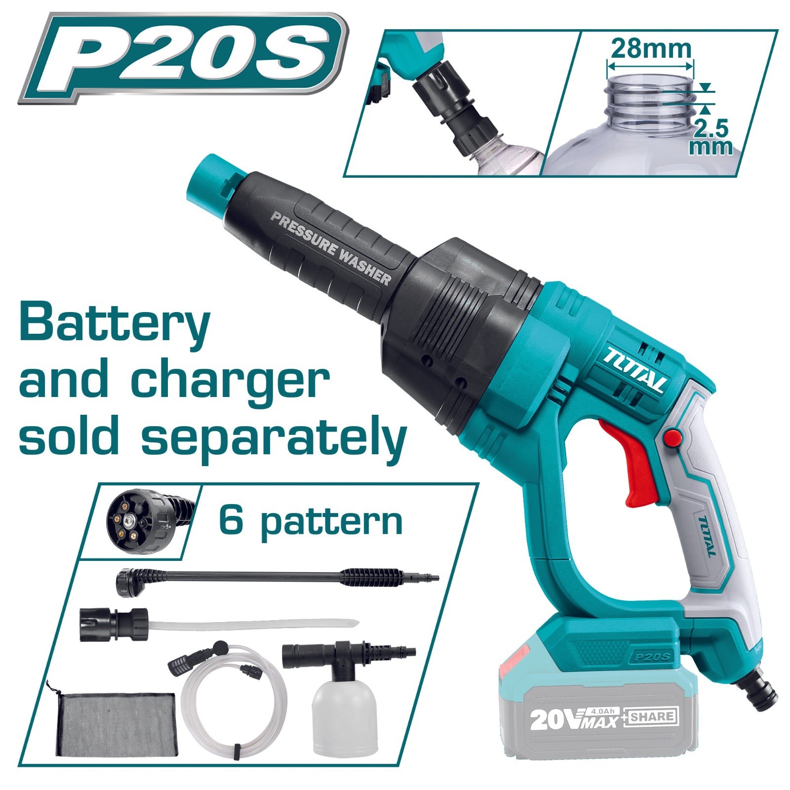 TOTAL TPWLI2008 Idropulitrice 20V Batteria: Pulizia Portatile Professionale