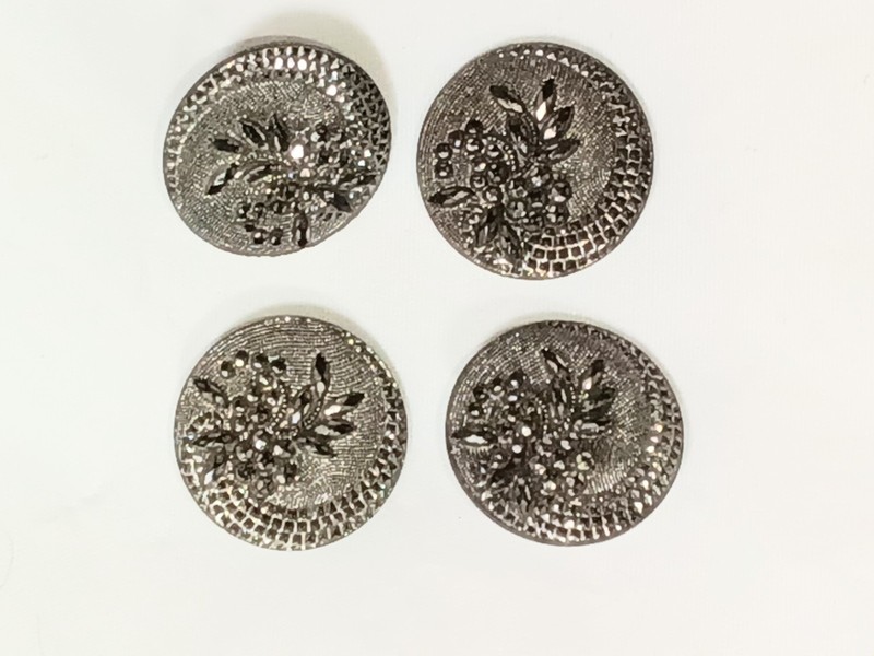 Set 4 Victorian Black Glass Buttons Silver Luster Swirlback Faux Cut Steel