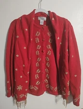 Jennifer Moore Red Holiday Cardigan Sweater Beaded Snowflake Scarf M