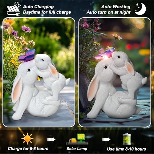 Easter Bunny Figurines Solar Garden Outdoor Statue with Butterfly Decorations