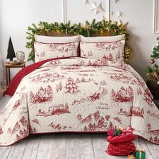 WONGS BEDDING Christmas Quilt Set Queen Red Hand-Painted Tree Bedspread
