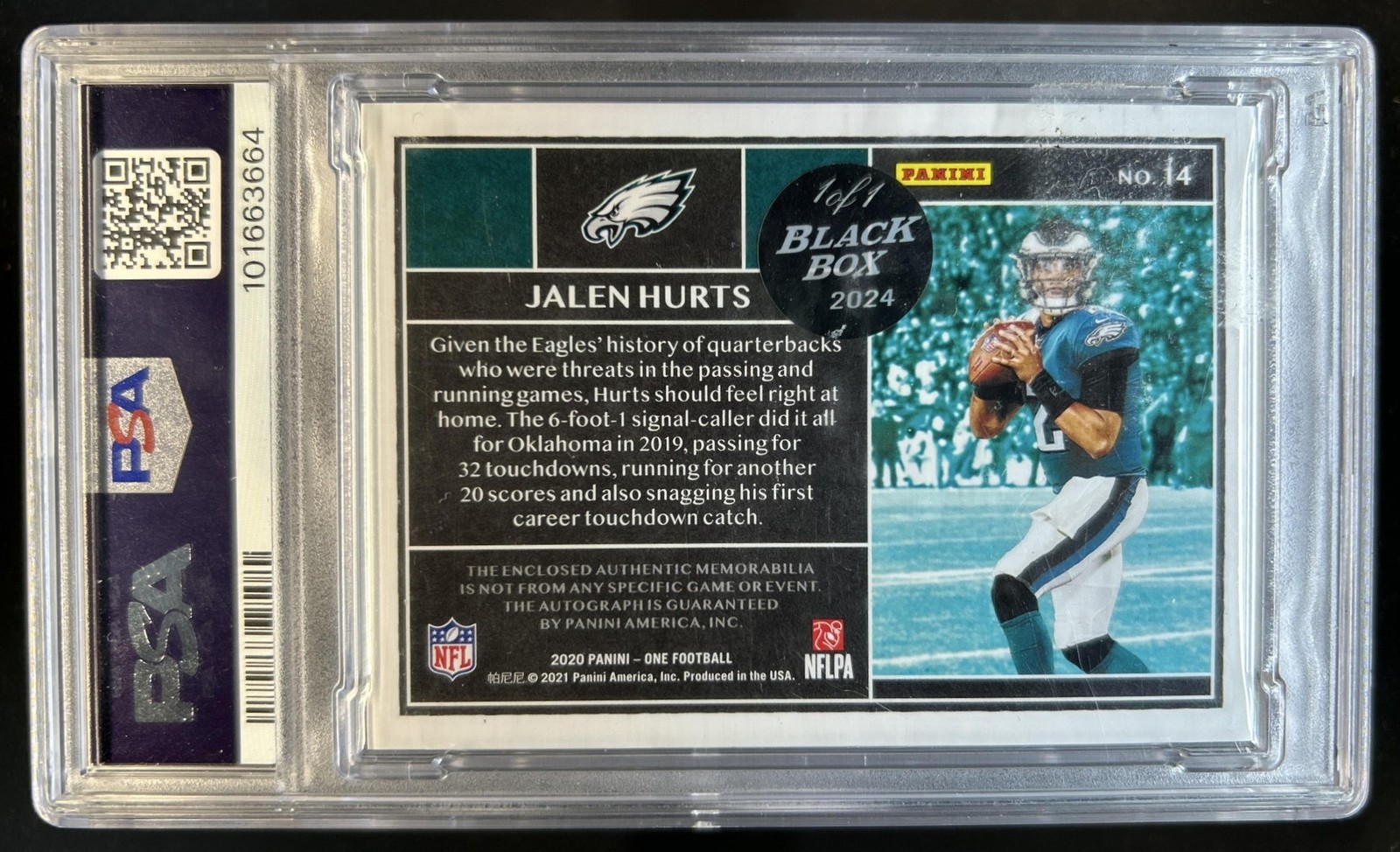2024 Black Box Jalen Hurts One Rookie Patch Auto Autograph RC #1/1 Eagles PSA 8 view 2