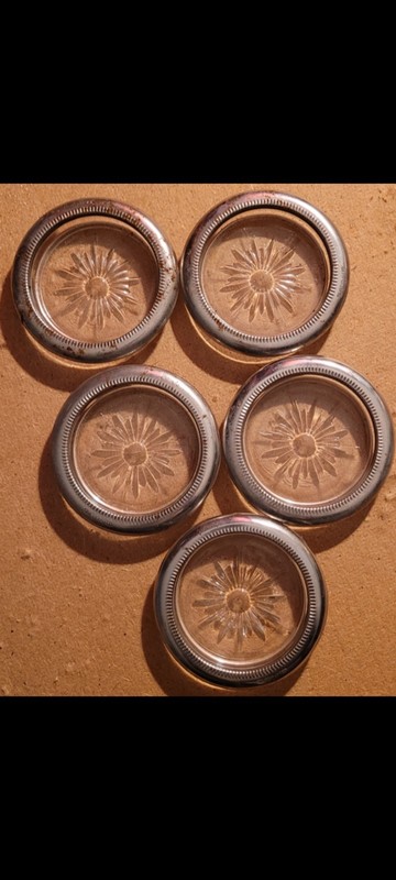 VINTAGE Leonard Silverplate Italy Glass Coasters Set of 5 EXCELLENT CONDITION 