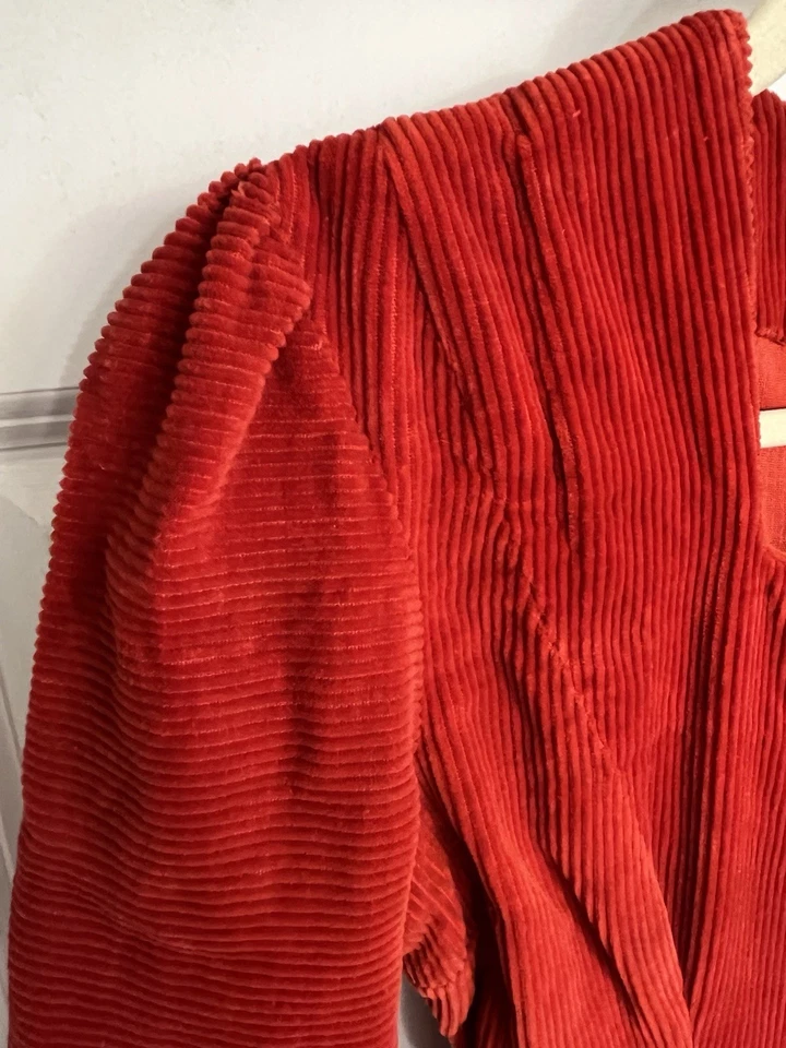 Vestido Vintage Años 70 80 Rojo Pana Botón Completo Talla Pequeña Manga 3/4 Acampanado Parte Inferior Foto 2 de 4