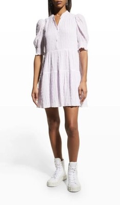 Cinq à Sept Pam Striped Puff Sleeve Tiered Dress Woman's Sz 4 Pink & White