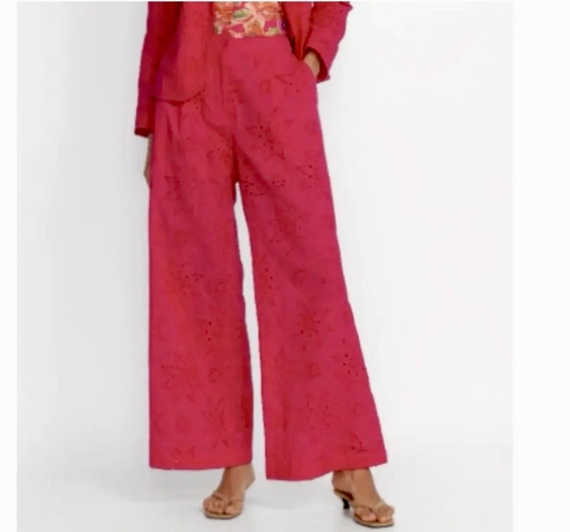 Johnny Was Jade Kolbie lined Eyelet Wide Leg Pants Love Potion Pink Size XL NWOT