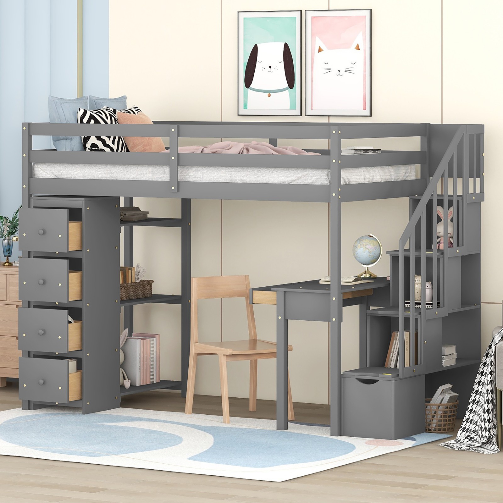 Twin Loft Bed with Storage Drawers, Desk & Stairs - Space-Saving Wooden Design