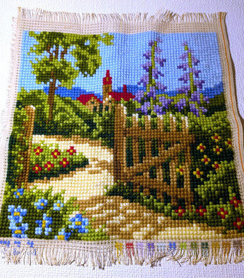 Vintage Cottagecore Vervaco Finished Needlepoint Cottage Garden 15''x15''