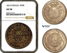 AL371, Brazil, Joao VI, 960 Reis 1821 R, Rio de Janeiro Mint, Silver, NGC AU58