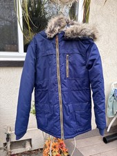 CAT  JACK Kids Blue Full Zip Winter Hooded Pockets Coat SIZE 12/14 Faux Fur